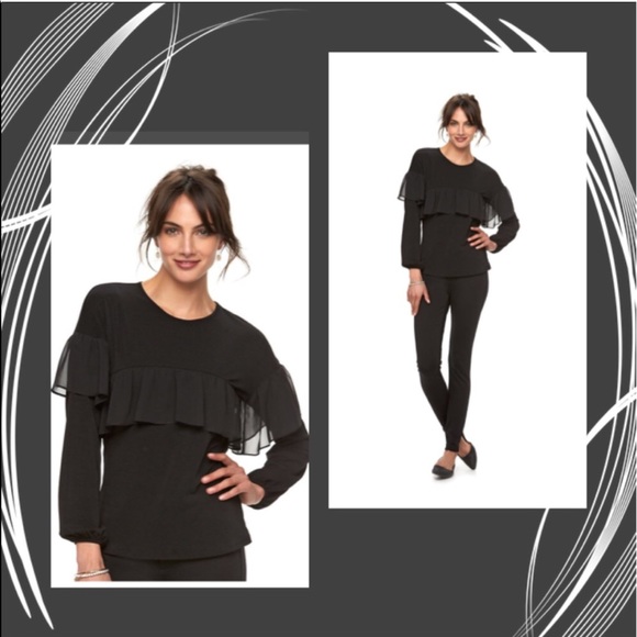 Elle Tops - ELLE Black Chiffon Yoke Long Sleeves Ruffle Top
